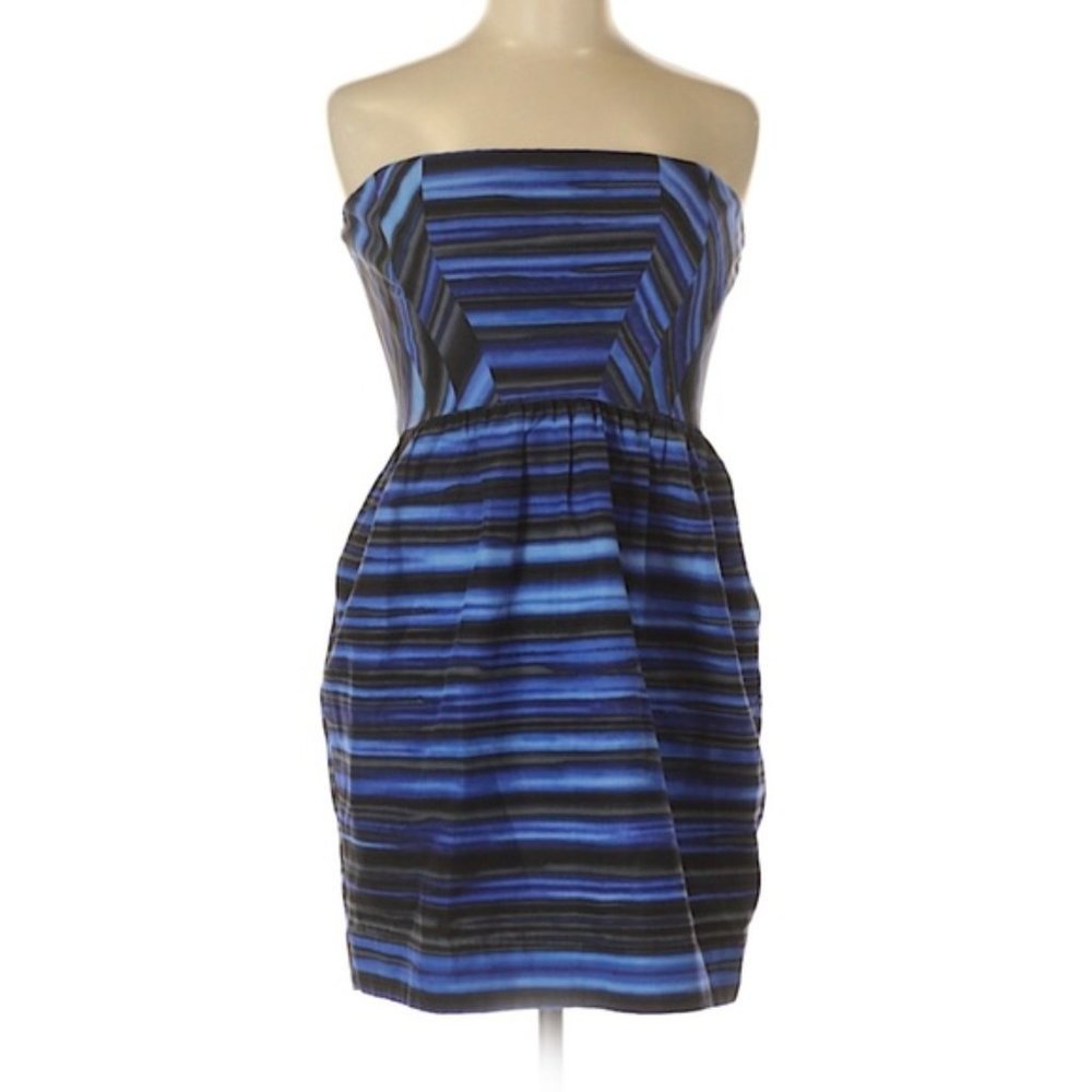 Shoshanna | Blue Black Silk Stripe Strapless Mini Dress